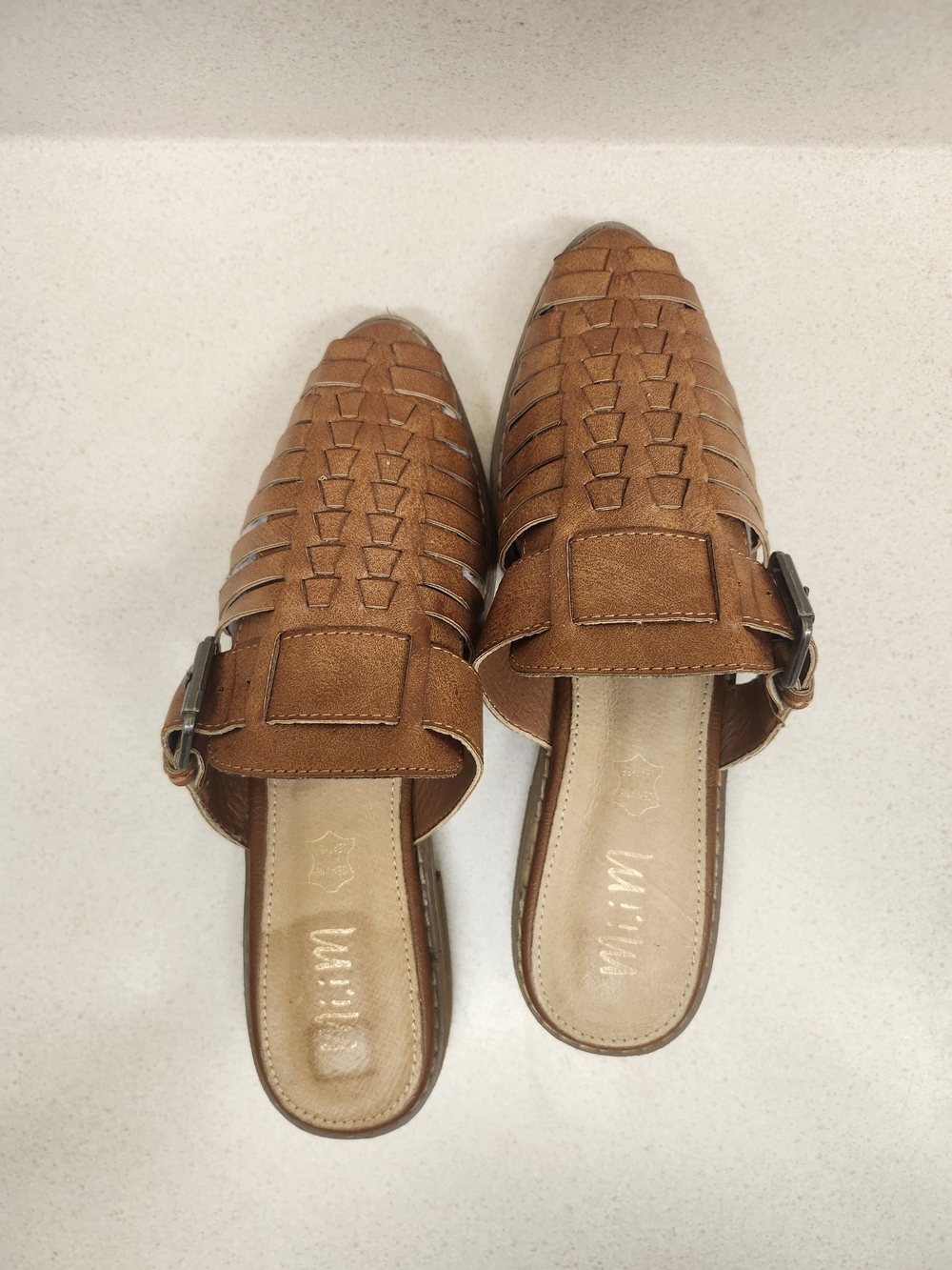 Woven Genuine Leather-Style Tan Women’s Slip-On Mules